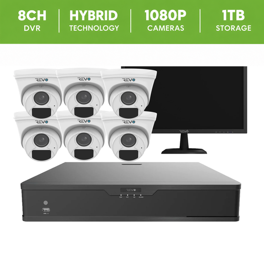 REVO Hybrid 8CH DVR, 1TB and 1080p 4 in 1 6x Analog HD IR Dome Camera System, 22" Monitor