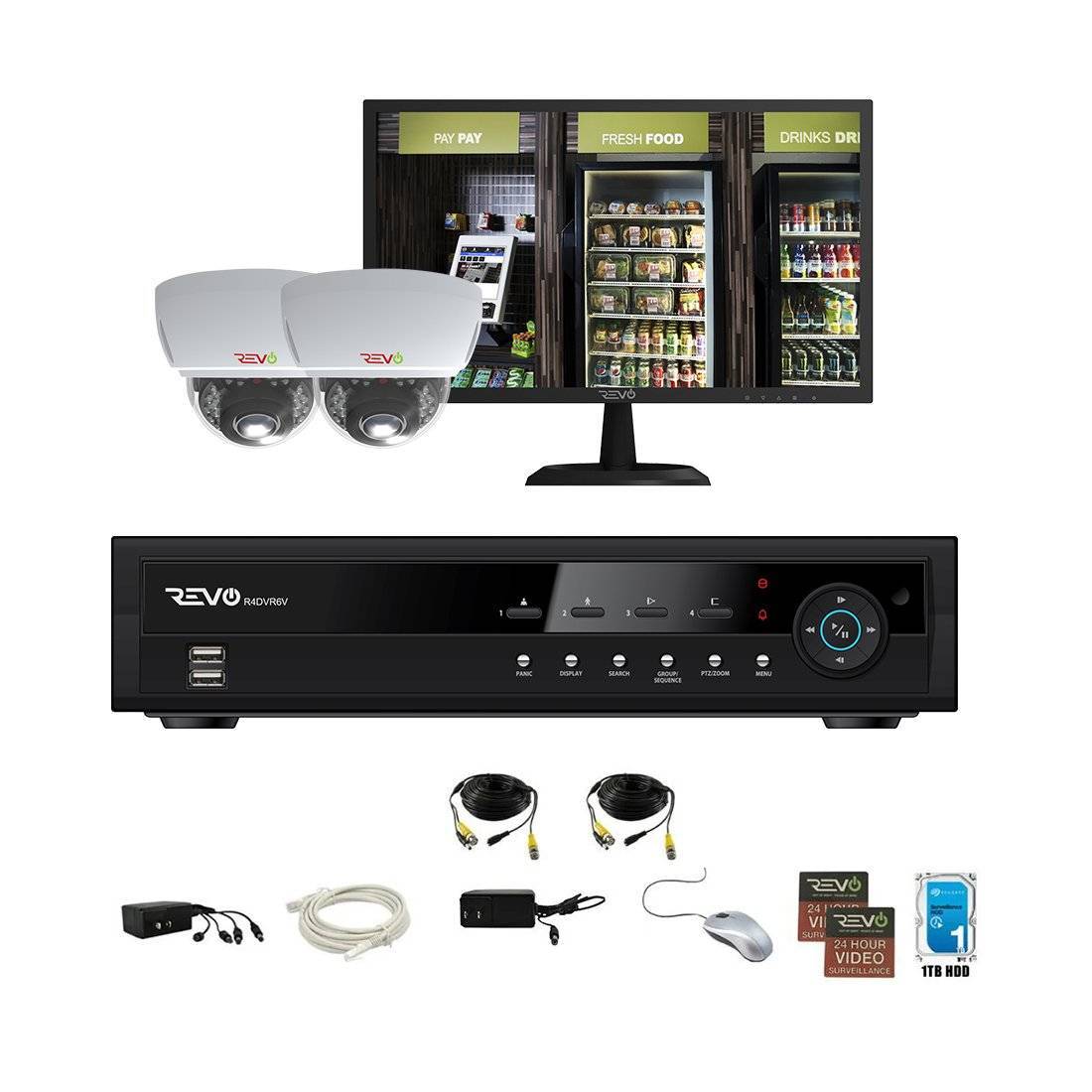 REVO 4CH 1TB DVR, 22" Monitor, 1080p Indoor/Outdoor IR 2 Mini Vandal Dome Cameras Security System