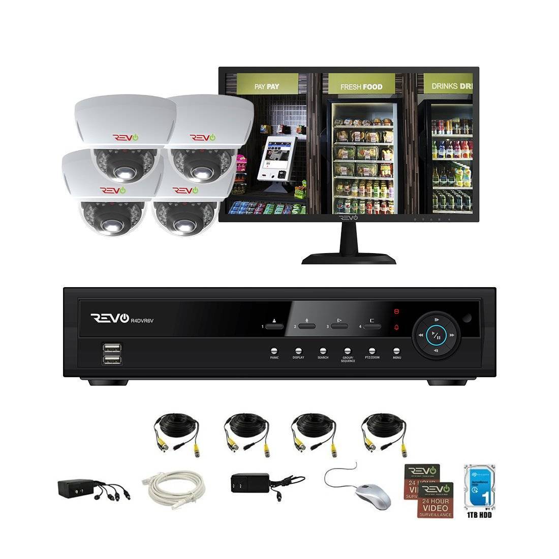 REVO 4CH 1TB DVR, 22" Monitor, 1080p Indoor/Outdoor IR 4 Mini Vandal Dome Cameras Security System
