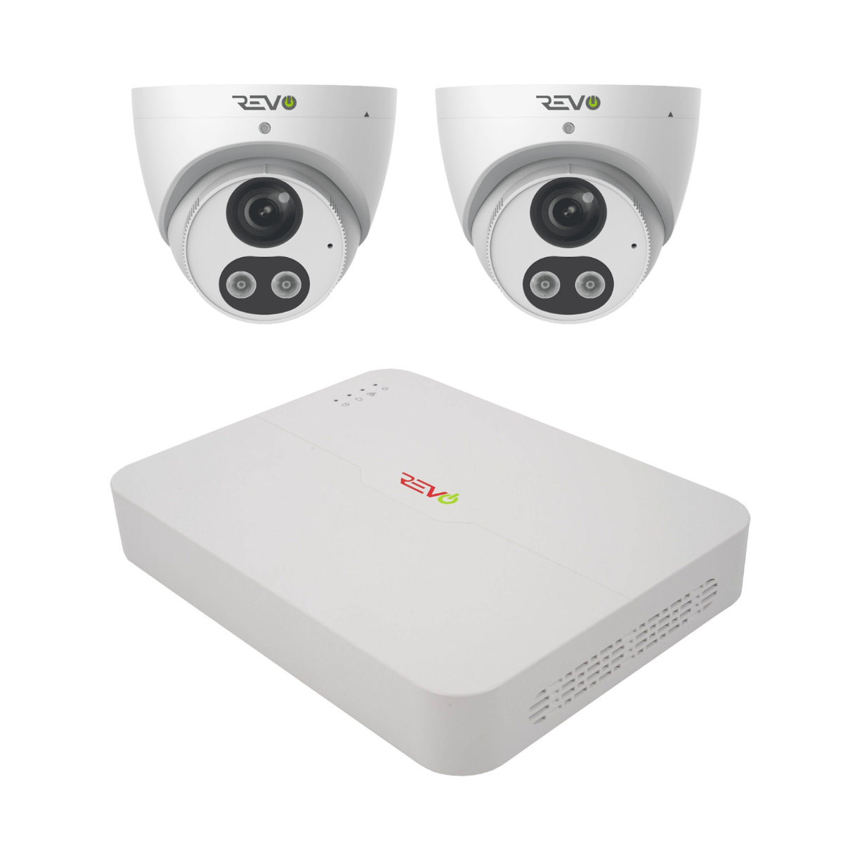 REVO ULTRA 4CH 4K PoE NVR, 1TB HDD, 2x Active deterrence 4K Indoor/Outdoor Active Deterrence IR Turret Cameras with 2-way audio, Remote Viewing on SmartPhone, PC and MAC