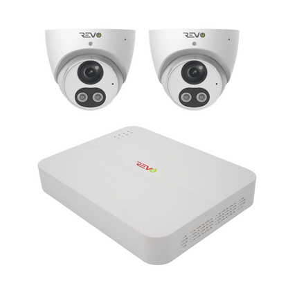 REVO ULTRA 4CH 4K PoE NVR, 1TB HDD, 2x Active deterrence 4K Indoor/Outdoor Active Deterrence IR Turret Cameras with 2-way audio, Remote Viewing on SmartPhone, PC and MAC