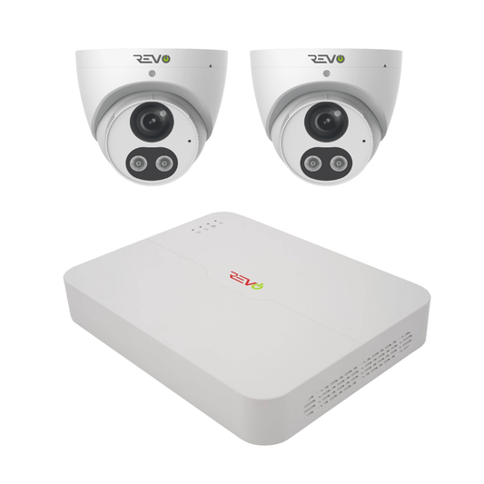 REVO ULTRA 4CH 4K PoE NVR, 1TB HDD, 2x Active deterrence 4K Indoor/Outdoor Active Deterrence IR Turret Cameras with 2-way audio, Remote Viewing on SmartPhone, PC and MAC