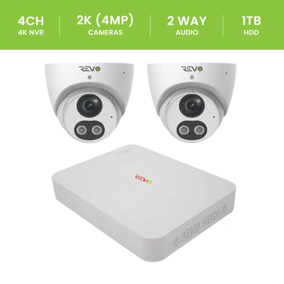 REVO ULTRA 4CH 4K PoE NVR, 1TB HDD, 2x Active deterrence 4K Indoor/Outdoor Active Deterrence IR Turret Cameras with 2-way audio, Remote Viewing on SmartPhone, PC and MAC