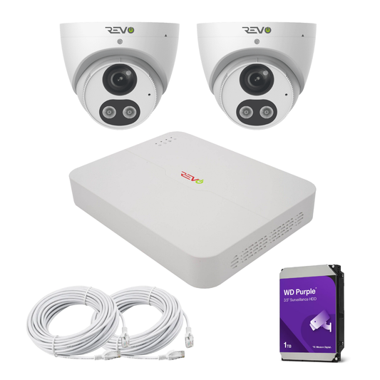 REVO ULTRA 4CH 4K PoE NVR, 1TB HDD, 2x Active deterrence 4K Indoor/Outdoor Active Deterrence IR Turret Cameras with 2-way audio, Remote Viewing on SmartPhone, PC and MAC