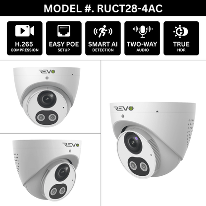 REVO ULTRA 4CH 4K PoE NVR, 1TB HDD, 2x Active deterrence 4K Indoor/Outdoor Active Deterrence IR Turret Cameras with 2-way audio, Remote Viewing on SmartPhone, PC and MAC