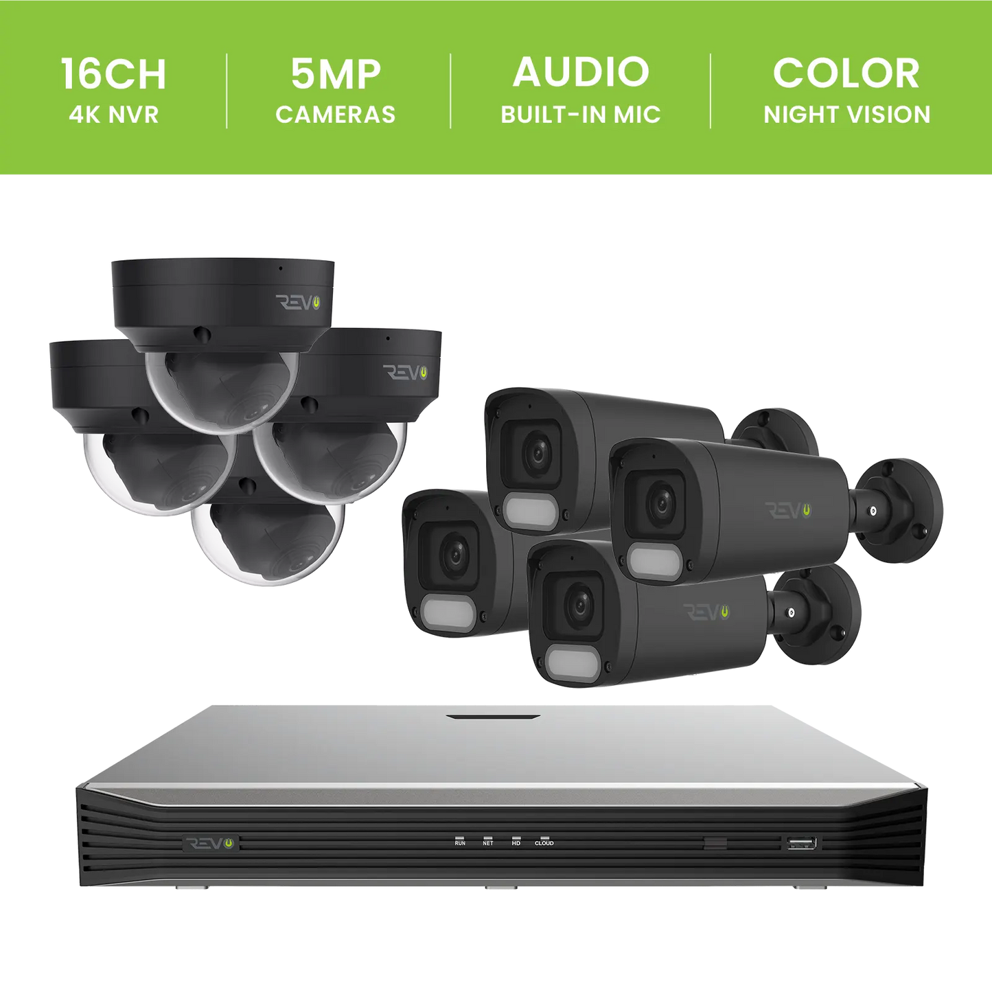 REVO ULTRA 16CH 4K PoE H.265 NVR, 4TB & 8x 5 Megapixel LumeX Cameras with built-in Mic and color night vision – Remote Access Via PC, Mac & Phone