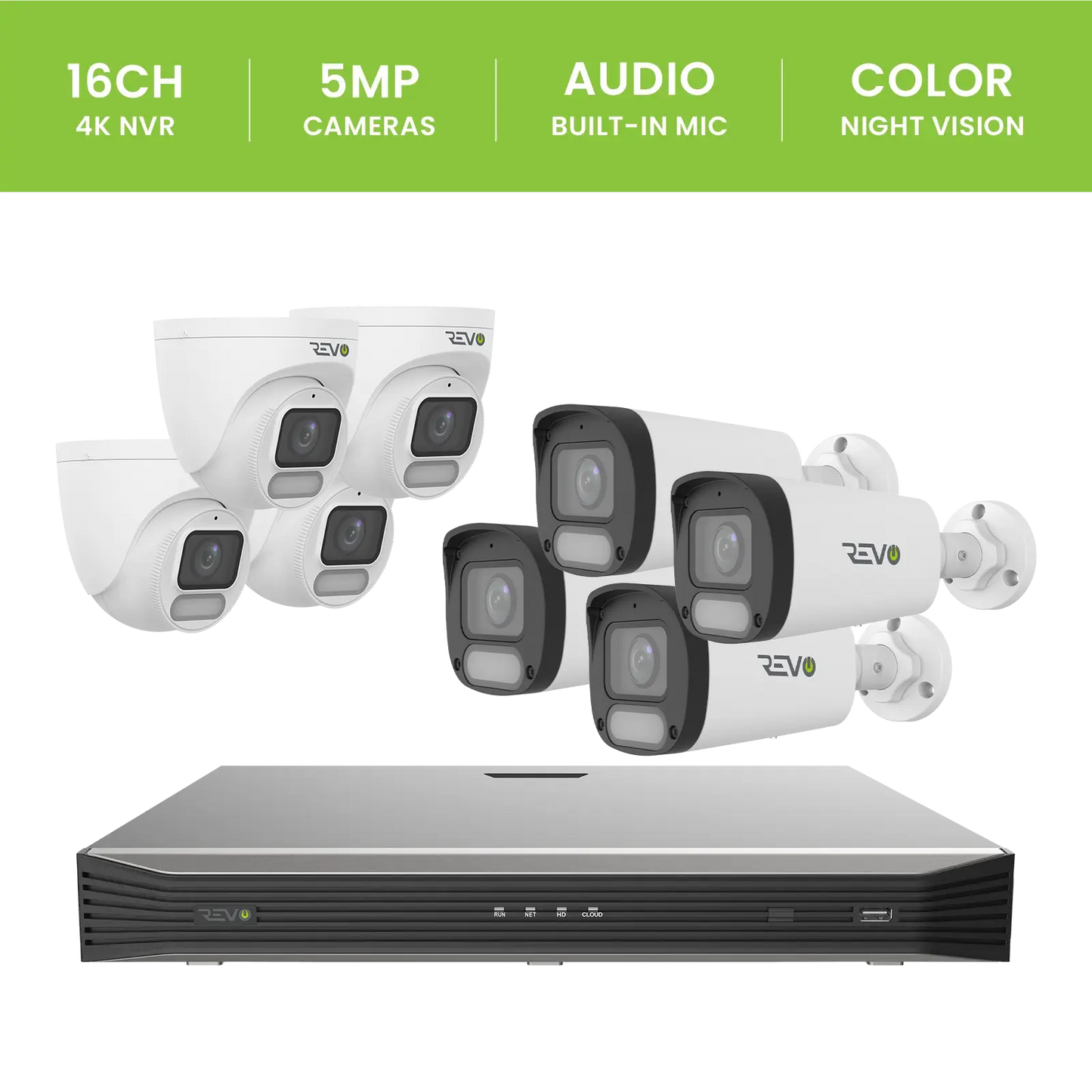 REVO ULTRA 16CH 4K PoE H.265 NVR, 4TB & 8x 5 Megapixel LumeX Cameras with built-in Mic and color night vision – Remote Access Via PC, Mac & Phone