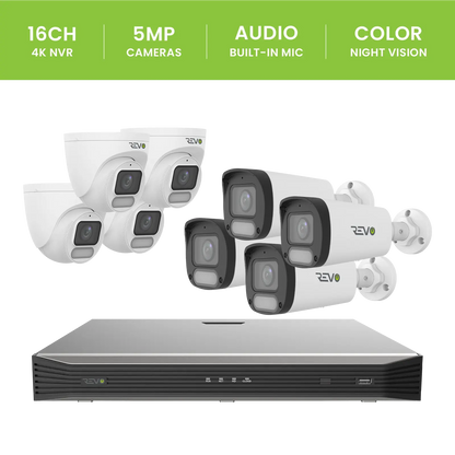 REVO ULTRA 16CH 4K PoE H.265 NVR, 4TB & 8x 5 Megapixel LumeX Cameras with built-in Mic and color night vision – Remote Access Via PC, Mac & Phone
