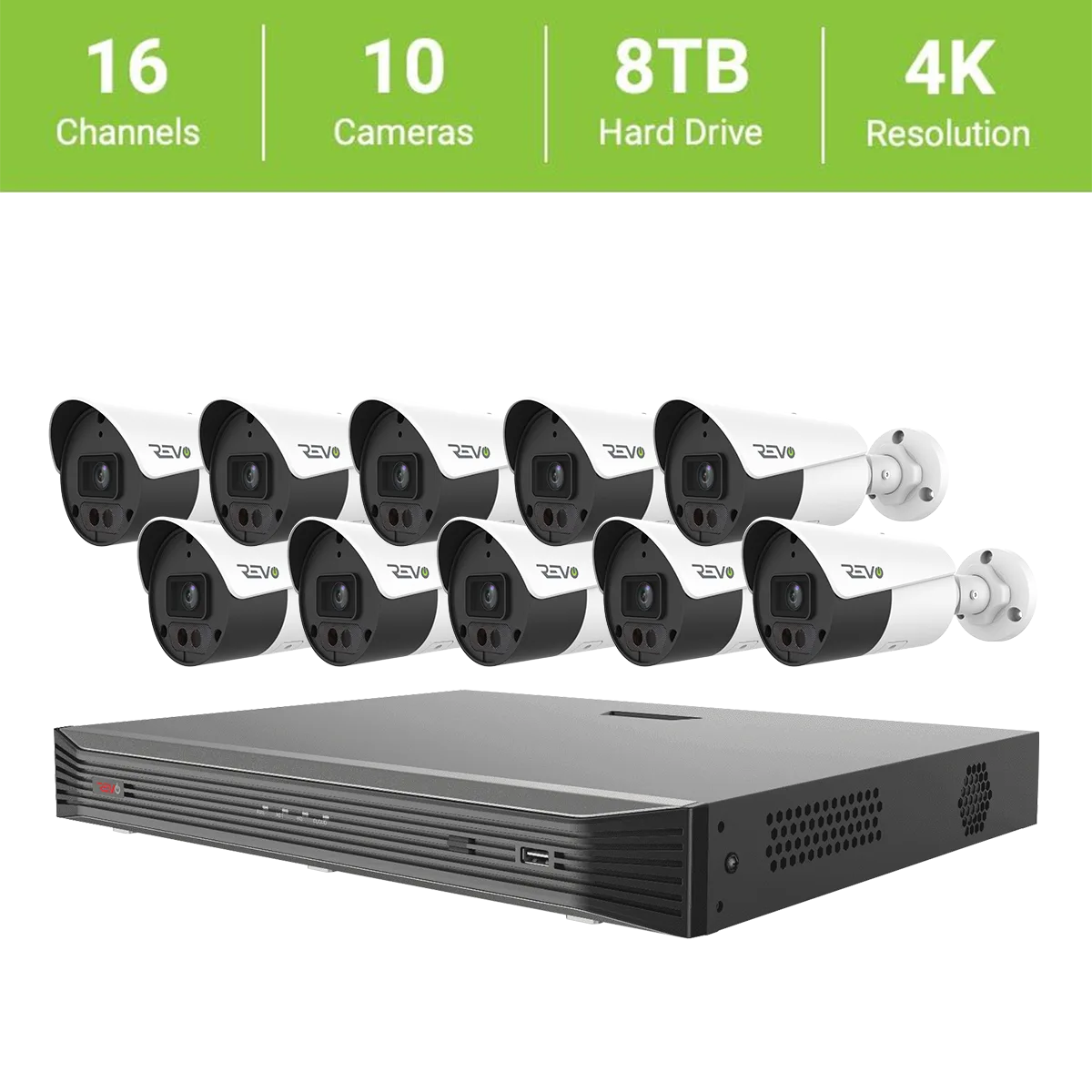 Revo 16-Channel True 4K SMART NVR HD Security System with 8TB HDD and 10 x 4K Bullet Cameras