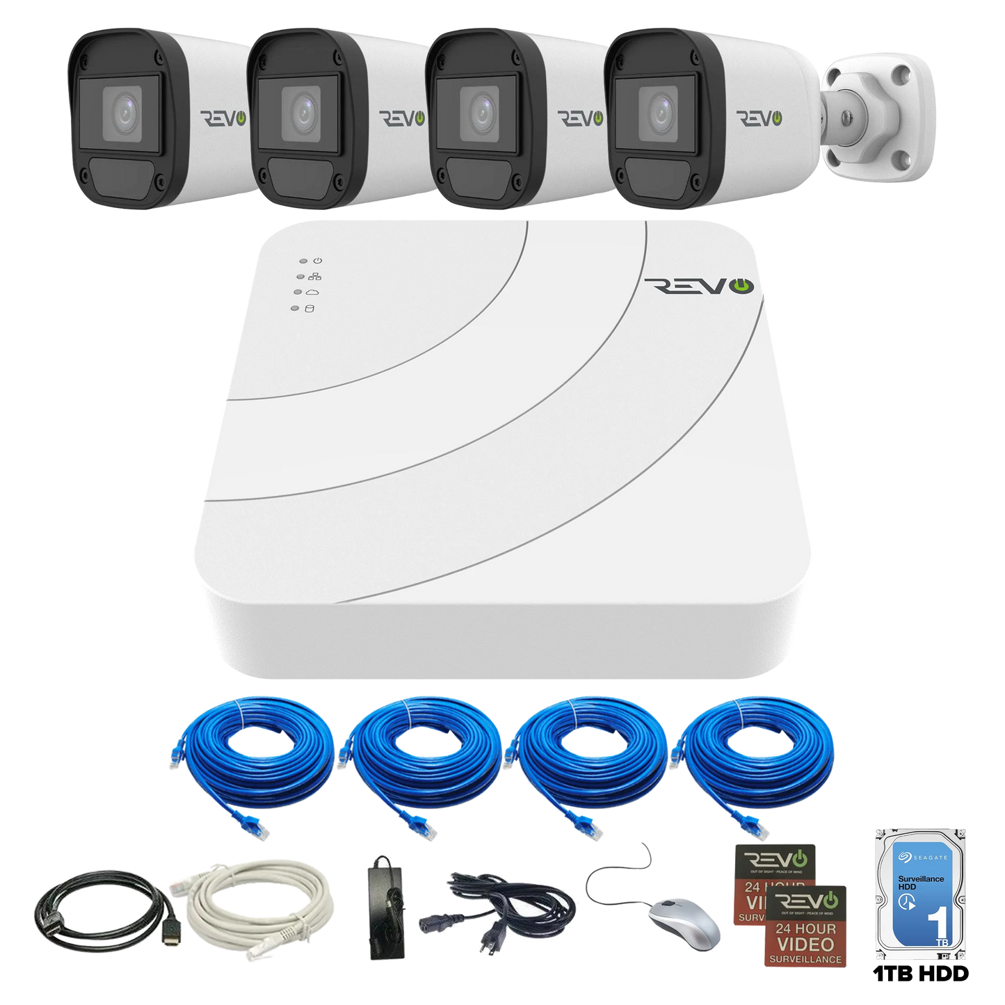 REVO ULTRA Blue Series 4 CH IP Video Surveillance System, 4 CH 4K NVR, 1TB HDD, 4x 4 Megapixel Indoor/Outdoor IR Bullet Cameras - Remote Access via Smart Phone, Tablet, PC & MAC