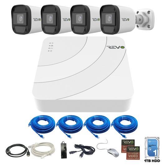REVO ULTRA Blue Series 4 CH IP Video Surveillance System, 4 CH 4K NVR, 1TB HDD, 4x 4 Megapixel Indoor/Outdoor IR Bullet Cameras - Remote Access via Smart Phone, Tablet, PC & MAC