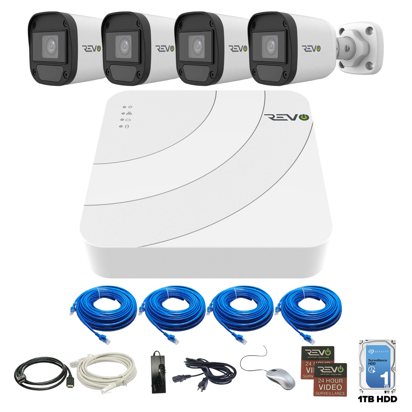 REVO ULTRA Blue Series 4 CH IP Video Surveillance System, 4 CH 4K NVR, 1TB HDD, 4x 5 Megapixel Indoor/Outdoor Audio Capable IR Bullet Cameras - Remote Access via Smart Phone, Tablet, PC & MAC