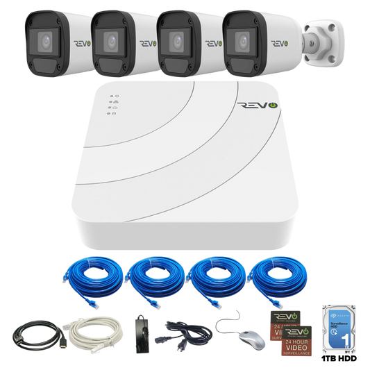 REVO ULTRA Blue Series 4 CH IP Video Surveillance System, 4 CH 4K NVR, 1TB HDD, 4x 5 Megapixel Indoor/Outdoor Audio Capable IR Bullet Cameras - Remote Access via Smart Phone, Tablet, PC & MAC