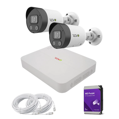 REVO ULTRA 4CH 4K PoE NVR, 1TB HDD, 2x Active deterrence 4K Indoor/Outdoor Active Deterrence IR Bullet Cameras with 2-way audio, Remote Viewing on SmartPhone, PC and MAC