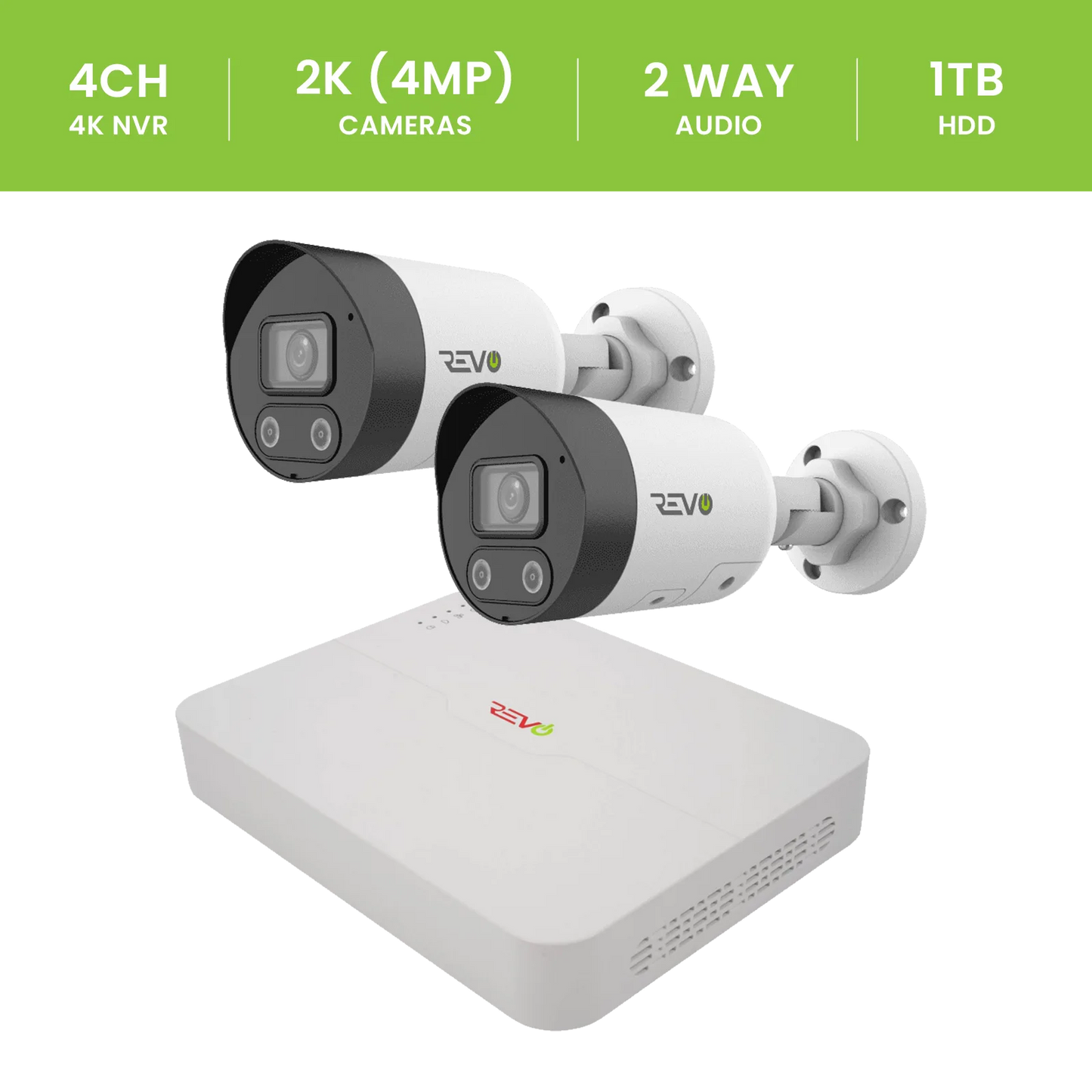 REVO ULTRA 4CH 4K PoE NVR, 1TB HDD, 2x Active deterrence 4K Indoor/Outdoor Active Deterrence IR Bullet Cameras with 2-way audio, Remote Viewing on SmartPhone, PC and MAC