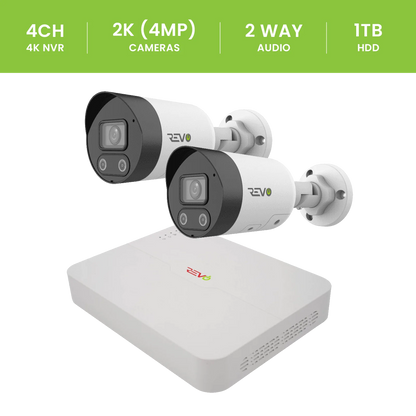 REVO ULTRA 4CH 4K PoE NVR, 1TB HDD, 2x Active deterrence 4K Indoor/Outdoor Active Deterrence IR Bullet Cameras with 2-way audio, Remote Viewing on SmartPhone, PC and MAC