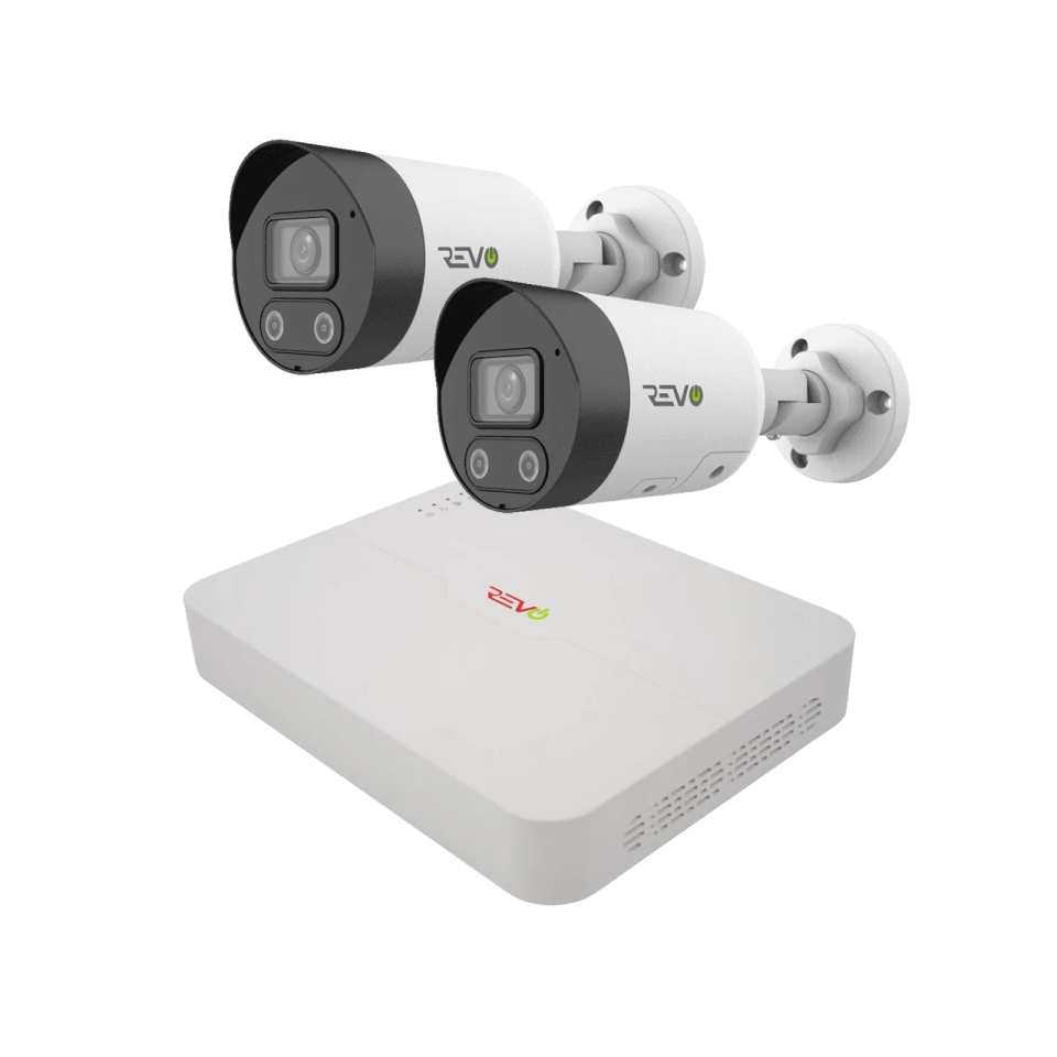 REVO ULTRA 4CH 4K PoE NVR, 1TB HDD, 2x Active deterrence 4K Indoor/Outdoor Active Deterrence IR Bullet Cameras with 2-way audio, Remote Viewing on SmartPhone, PC and MAC