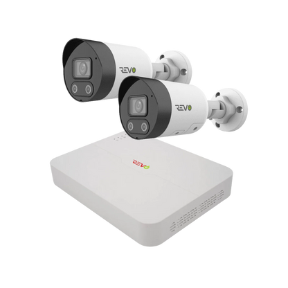 REVO ULTRA 4CH 4K PoE NVR, 1TB HDD, 2x Active deterrence 4K Indoor/Outdoor Active Deterrence IR Bullet Cameras with 2-way audio, Remote Viewing on SmartPhone, PC and MAC