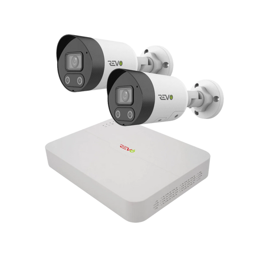 REVO ULTRA 4CH 4K PoE NVR, 1TB HDD, 2x Active deterrence 4K Indoor/Outdoor Active Deterrence IR Bullet Cameras with 2-way audio, Remote Viewing on SmartPhone, PC and MAC