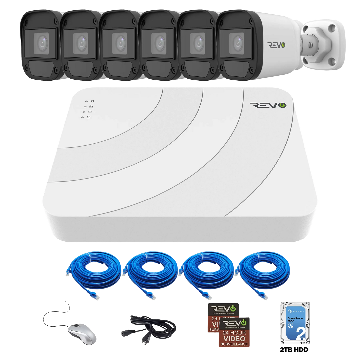 REVO ULTRA Blue Series 8CH IP Video Surveillance System, 8 CH 4K NVR, 2TB HDD, 6x 5 Megapixel Indoor/Outdoor Audio Capable IR Bullet Cameras - Remote Access via Smart Phone, Tablet, PC & MAC