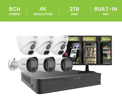 REVO ULTRA 4K Hybrid 8-Channel Surveillance System with 6 Cameras, 2TB Storage, 22" LED Monitor and Remote Access
