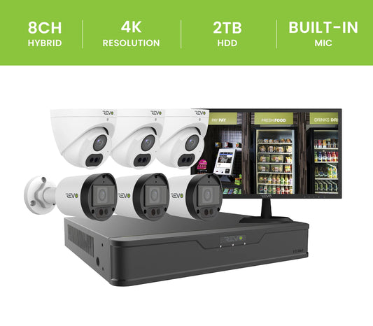 REVO ULTRA 4K Hybrid 8-Channel Surveillance System with 6 Cameras, 2TB Storage, 22’’ LED Monitor and Remote Access