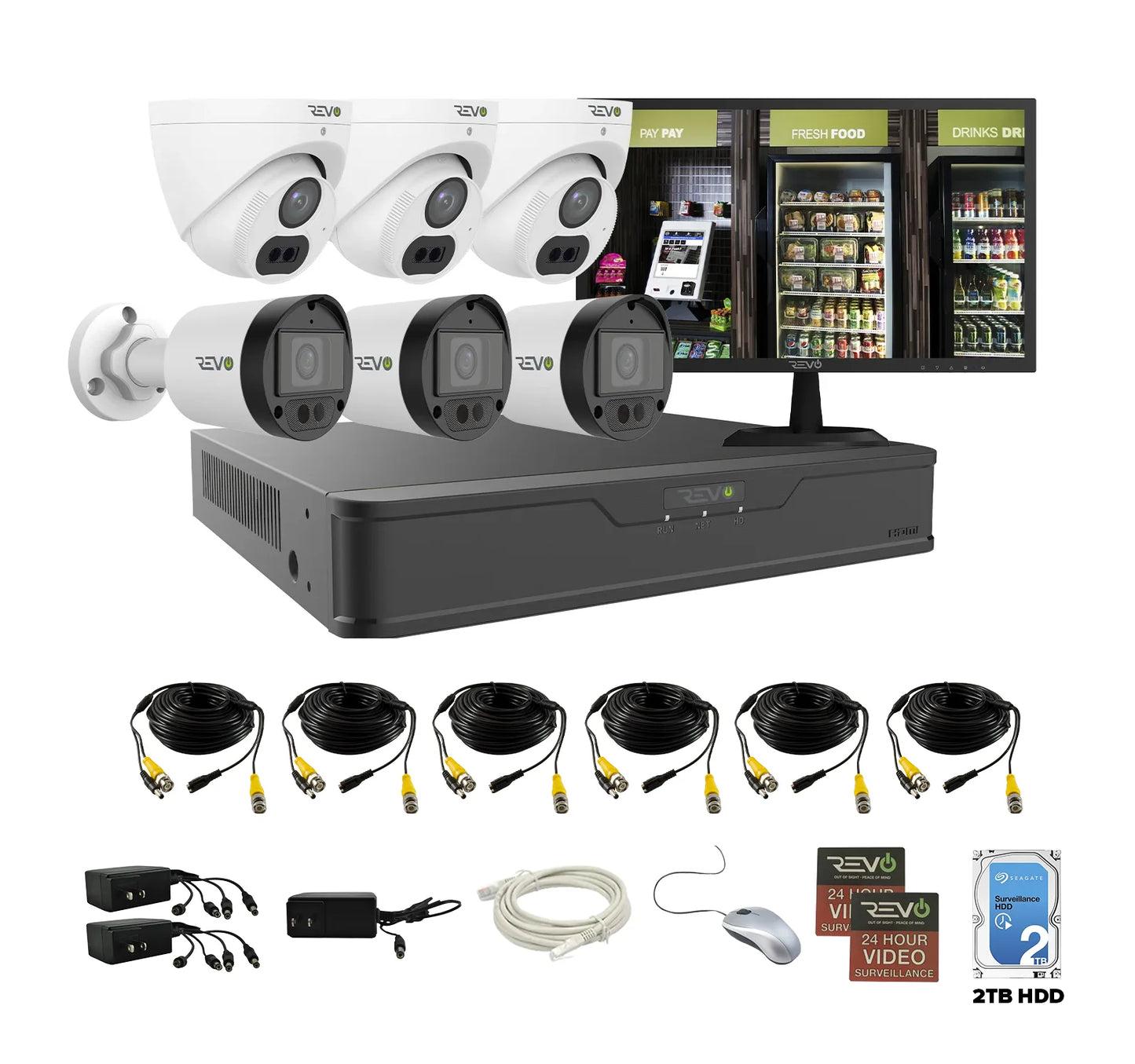REVO ULTRA 4K Hybrid 8-Channel Surveillance System with 6 Cameras, 2TB Storage, 22’’ LED Monitor and Remote Access