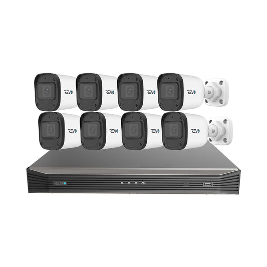 REVO ULTRA BLUE SERIES 16CH 4K PoE H.265 NVR, 4TB & 8x 2K (4 Megapixel) Indoor/Outdoor IR Cameras with built-in Mic – Remote access via PC, MAC & Phone  