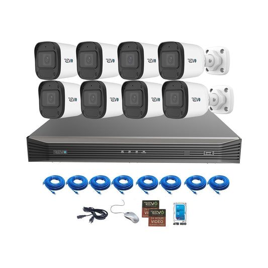 REVO ULTRA BLUE SERIES 16CH 4K PoE H.265 NVR, 4TB & 8x 2K (4 Megapixel) Indoor/Outdoor IR Cameras with built-in Mic – Remote access via PC, MAC & Phone  