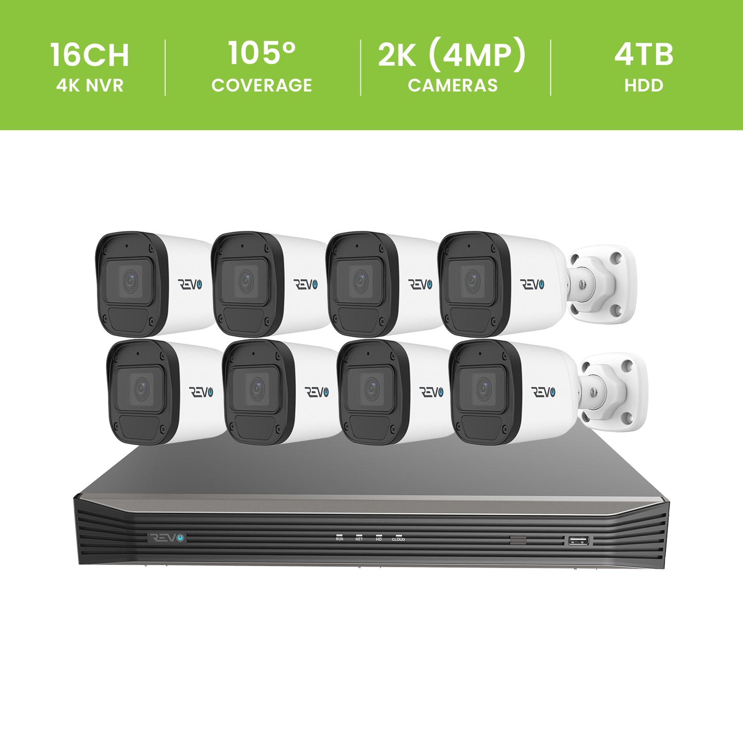 REVO ULTRA BLUE SERIES 16CH 4K PoE H.265 NVR, 4TB & 8x 2K (4 Megapixel) Indoor/Outdoor IR Cameras with built-in Mic – Remote access via PC, MAC & Phone  