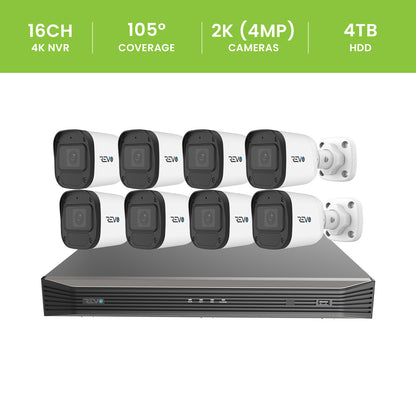 REVO ULTRA BLUE SERIES 16CH 4K PoE H.265 NVR, 4TB & 8x 2K (4 Megapixel) Indoor/Outdoor IR Cameras with built-in Mic – Remote access via PC, MAC & Phone  