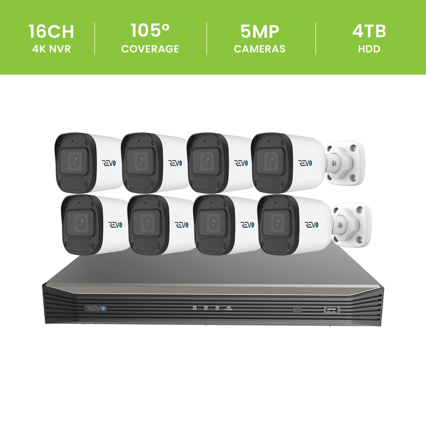 REVO ULTRA BLUE SERIES 16CH 4K PoE H.265 NVR, 4TB & 8x 5 Megapixel Indoor/Outdoor IR Cameras with built-in Mic – Remote access via PC, MAC & Phone