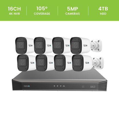 REVO ULTRA BLUE SERIES 16CH 4K PoE H.265 NVR, 4TB & 8x 5 Megapixel Indoor/Outdoor IR Cameras with built-in Mic – Remote access via PC, MAC & Phone