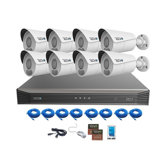 REVO ULTRA BLUE SERIES 16CH 4K PoE H.265 NVR, 4TB & 8x 4K (8 Megapixel) Indoor/Outdoor IR Cameras with built-in Mic – Remote access via PC, MAC & Phone  