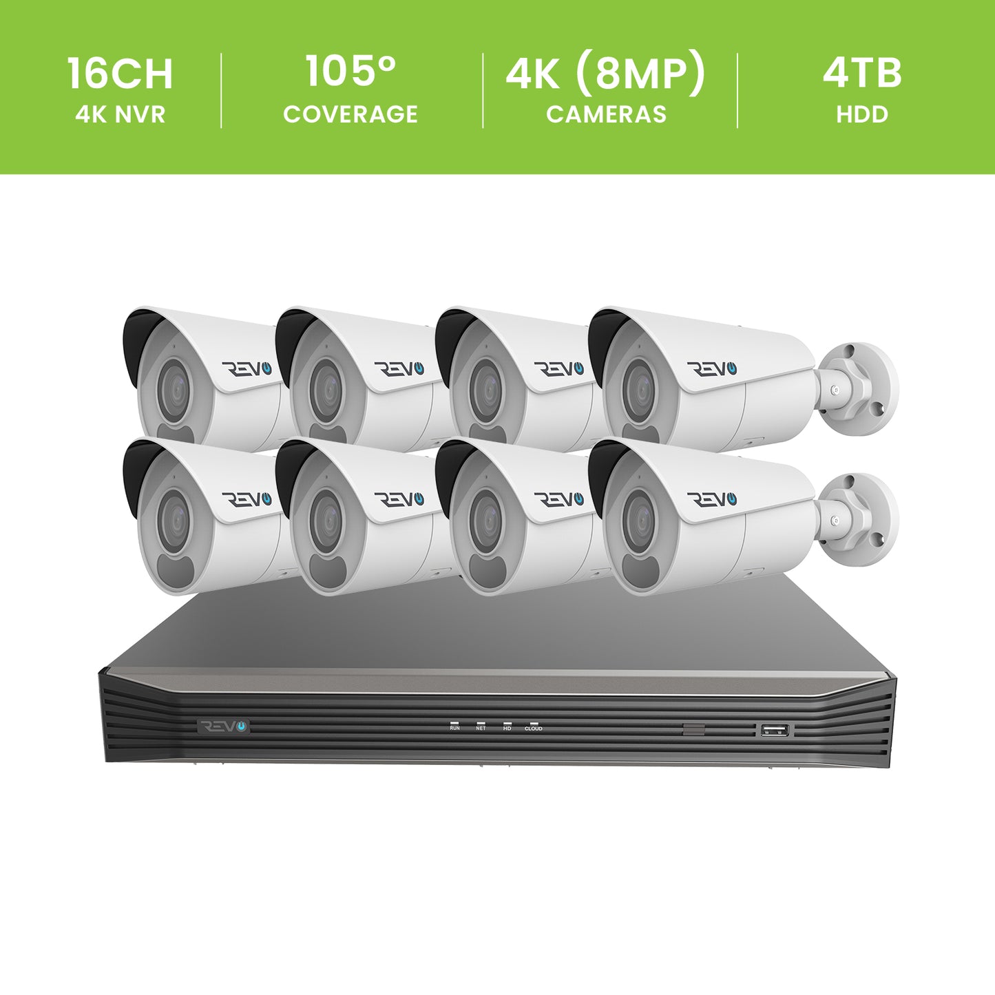 REVO ULTRA BLUE SERIES 16CH 4K PoE H.265 NVR, 4TB & 8x 4K (8 Megapixel) Indoor/Outdoor IR Cameras with built-in Mic – Remote access via PC, MAC & Phone  