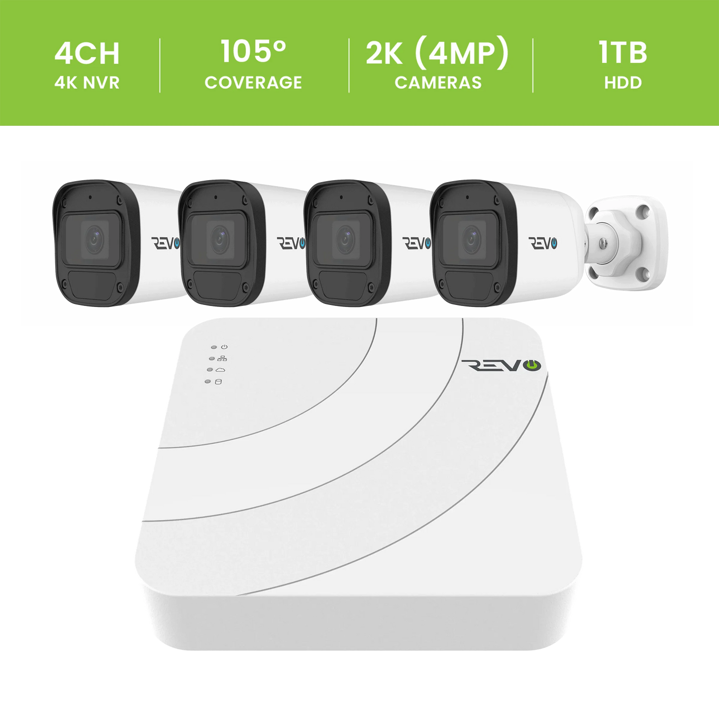 REVO ULTRA BLUE SERIES 4CH 4K PoE H.265 NVR, 1TB & 4x 2K (4MP) Indoor/Outdoor IR Cameras with built-in Mic – Remote access via PC, MAC & Phone