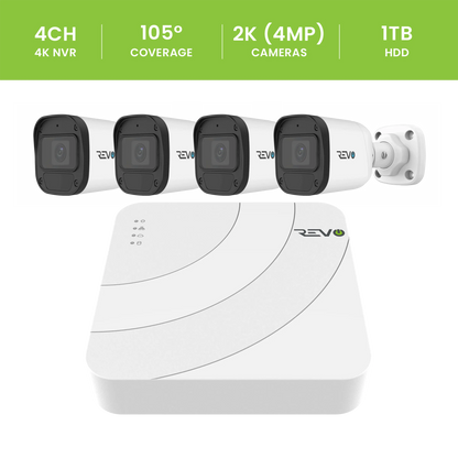 REVO ULTRA BLUE SERIES 4CH 4K PoE H.265 NVR, 1TB & 4x 2K (4MP) Indoor/Outdoor IR Cameras with built-in Mic – Remote access via PC, MAC & Phone