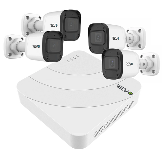 REVO ULTRA BLUE SERIES 4CH 4K PoE H.265 NVR, 1TB & 4x 2K (4MP) Indoor/Outdoor IR Cameras with built-in Mic – Remote access via PC, MAC & Phone
