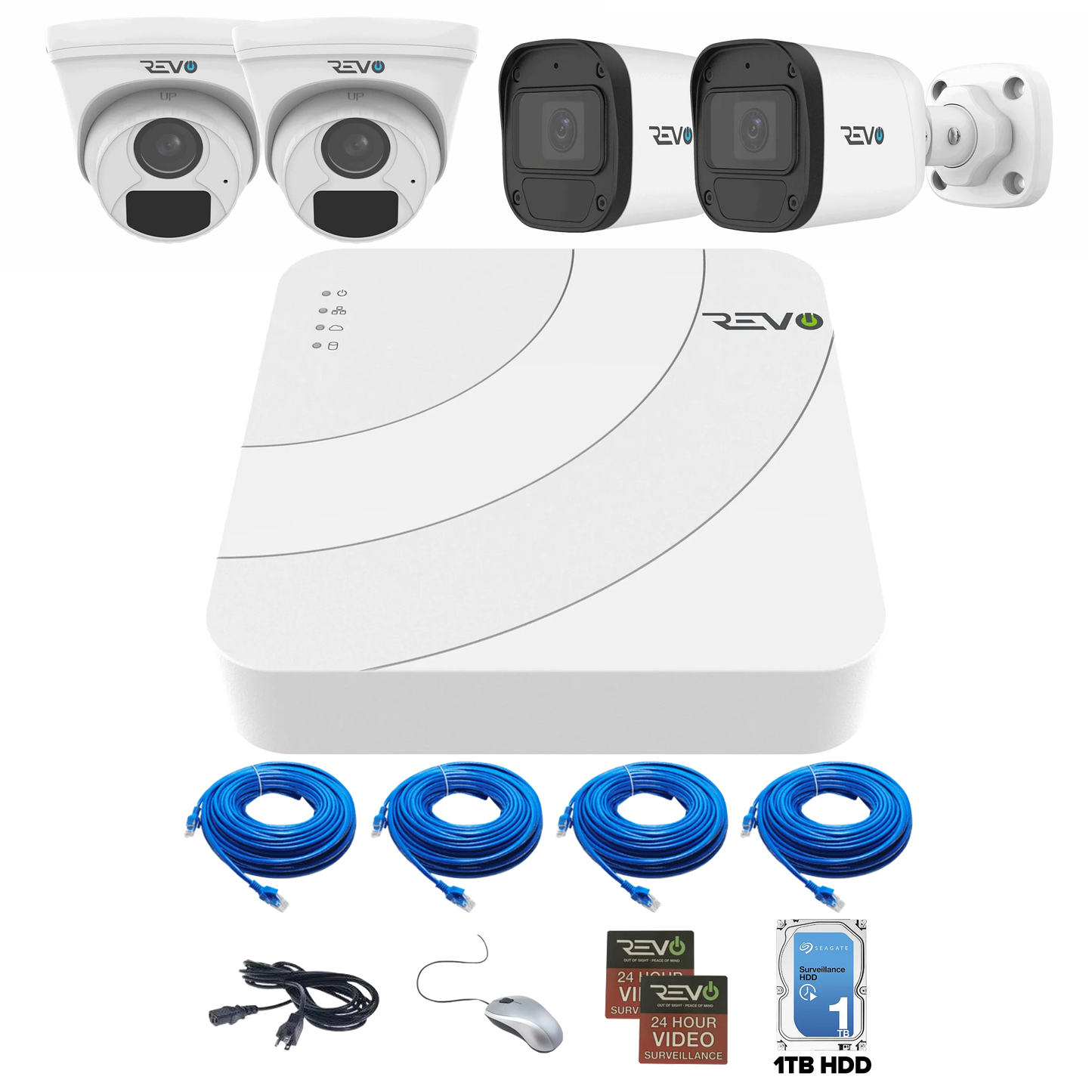 REVO ULTRA BLUE SERIES 4CH 4K PoE H.265 NVR, 1TB & 4x 2K (4MP) Indoor/Outdoor IR Cameras with built-in Mic – Remote access via PC, MAC & Phone