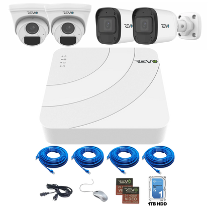 REVO ULTRA BLUE SERIES 4CH 4K PoE H.265 NVR, 1TB & 4x 2K (4MP) Indoor/Outdoor IR Cameras with built-in Mic – Remote access via PC, MAC & Phone
