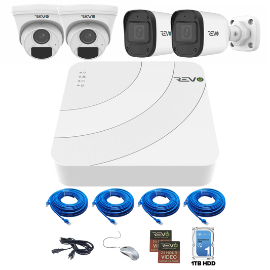 REVO ULTRA BLUE SERIES 4CH 4K PoE H.265 NVR, 1TB & 4x 2K (4MP) Indoor/Outdoor IR Cameras with built-in Mic – Remote access via PC, MAC & Phone