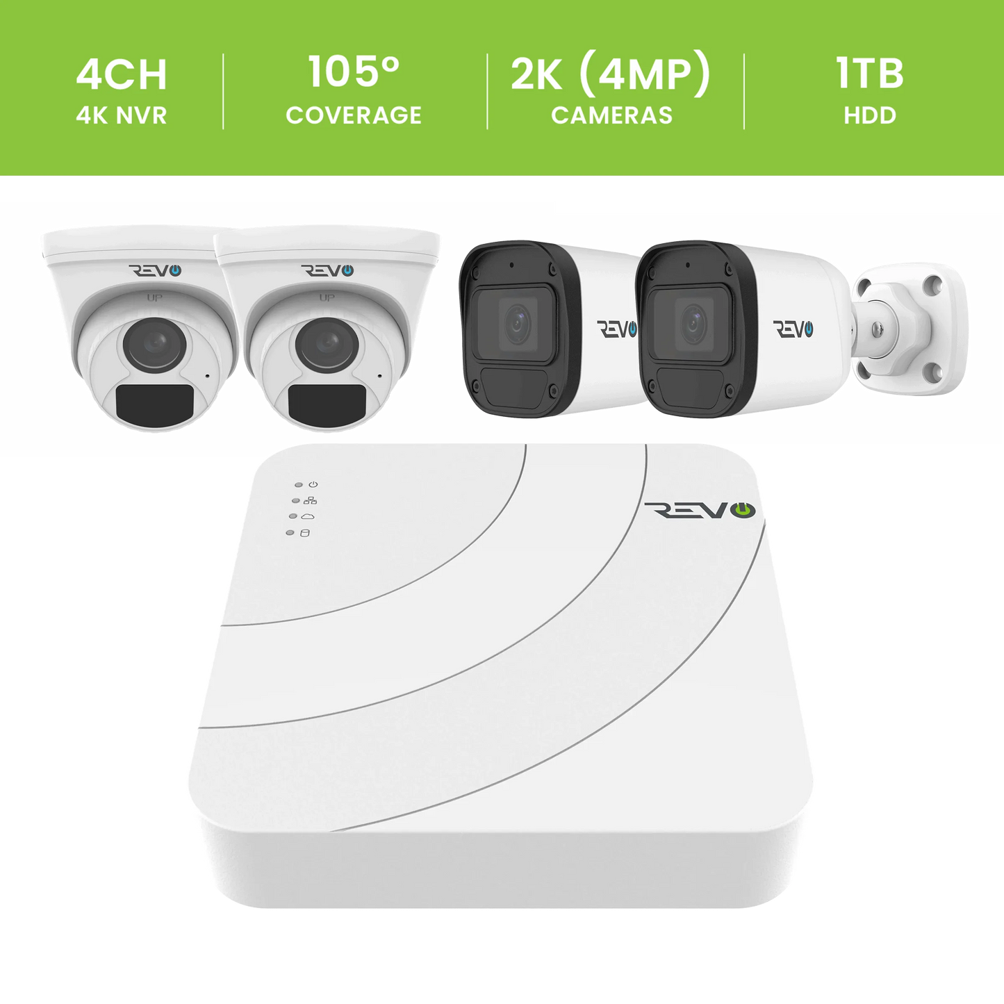 REVO ULTRA BLUE SERIES 4CH 4K PoE H.265 NVR, 1TB & 4x 2K (4MP) Indoor/Outdoor IR Cameras with built-in Mic – Remote access via PC, MAC & Phone