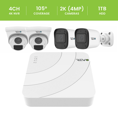 REVO ULTRA BLUE SERIES 4CH 4K PoE H.265 NVR, 1TB & 4x 2K (4MP) Indoor/Outdoor IR Cameras with built-in Mic – Remote access via PC, MAC & Phone