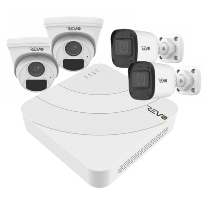 REVO ULTRA BLUE SERIES 4CH 4K PoE H.265 NVR, 1TB & 4x 2K (4MP) Indoor/Outdoor IR Cameras with built-in Mic – Remote access via PC, MAC & Phone
