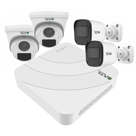 REVO ULTRA BLUE SERIES 4CH 4K PoE H.265 NVR, 1TB & 4x 2K (4MP) Indoor/Outdoor IR Cameras with built-in Mic – Remote access via PC, MAC & Phone