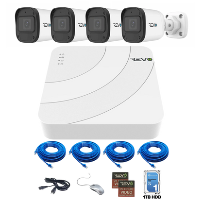 Revo Ultra Blue Series 4CH 4K POE H.265 NVR, 1TB & 4X 5 Megapixel Indoor/Outdoor IR Cameras With Remote Access Via Pc, Mac & Phone