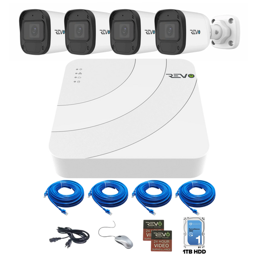 Revo Ultra Blue Series 4CH 4K POE H.265 NVR, 1TB & 4X 5 Megapixel Indoor/Outdoor IR Cameras With Remote Access Via Pc, Mac & Phone