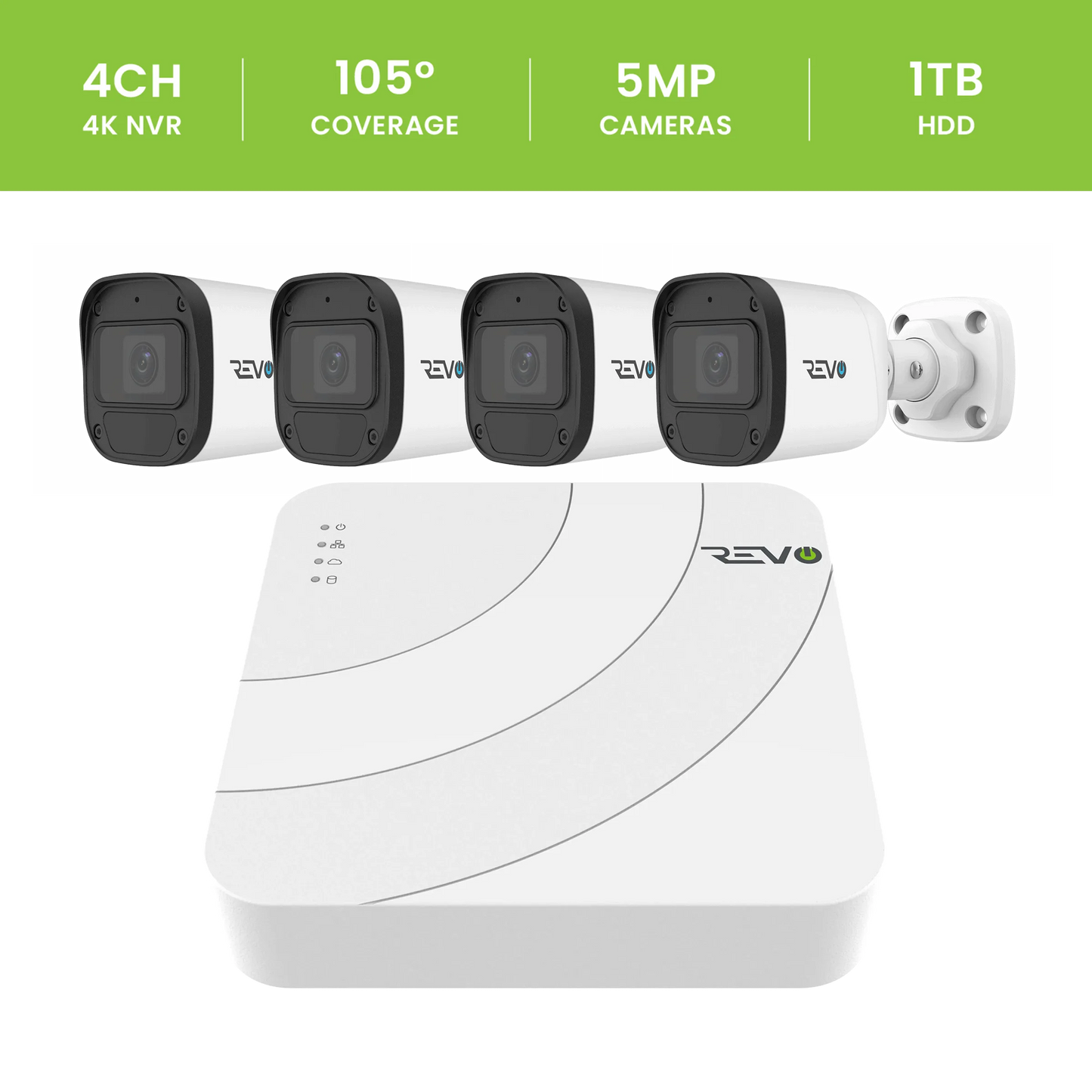 Revo Ultra Blue Series 4CH 4K POE H.265 NVR, 1TB & 4X 5 Megapixel Indoor/Outdoor IR Cameras With Remote Access Via Pc, Mac & Phone