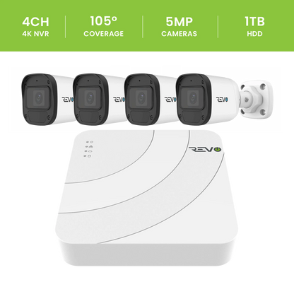 Revo Ultra Blue Series 4CH 4K POE H.265 NVR, 1TB & 4X 5 Megapixel Indoor/Outdoor IR Cameras With Remote Access Via Pc, Mac & Phone