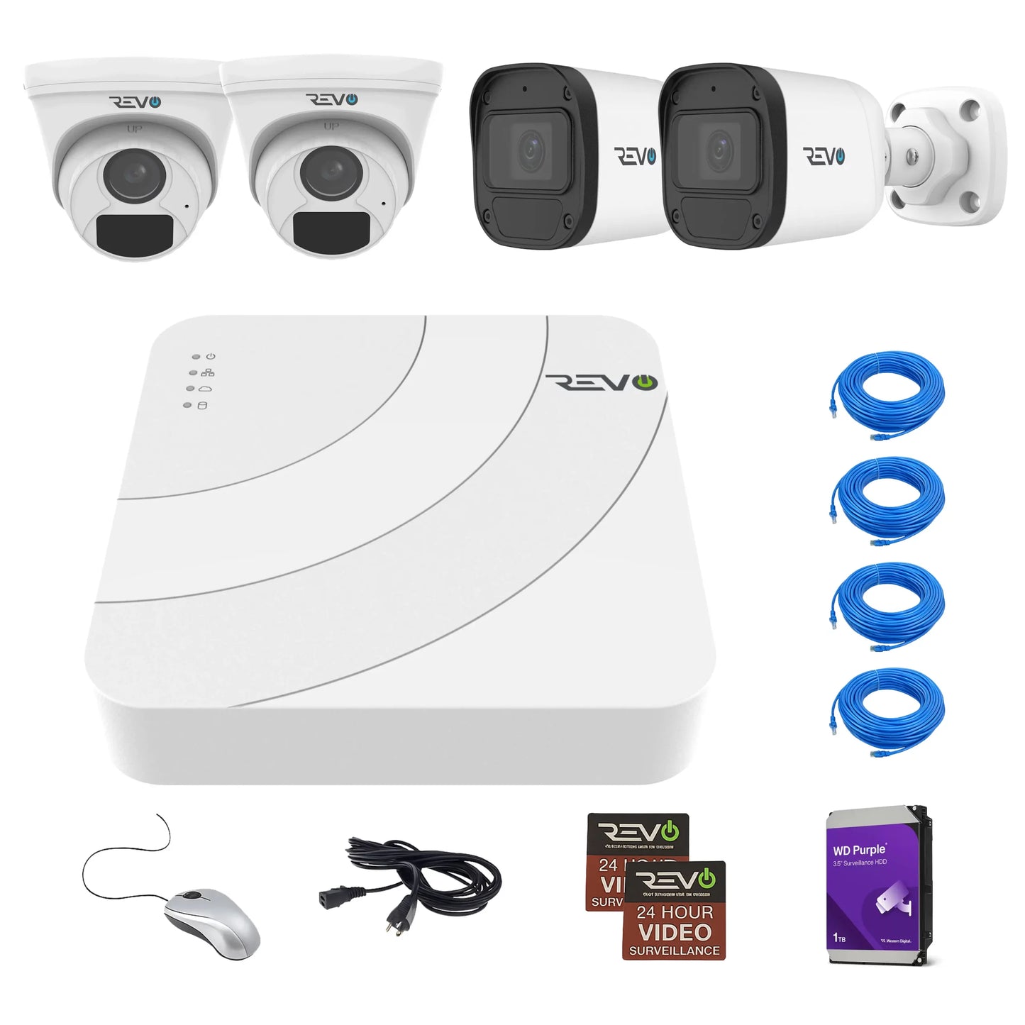 REVO ULTRA BLUE SERIES 4CH 4K PoE H.265 NVR, 1TB & 4x 5 Megapixel Indoor/Outdoor IR Cameras with built-in Mic – Remote access via PC, MAC & Phone